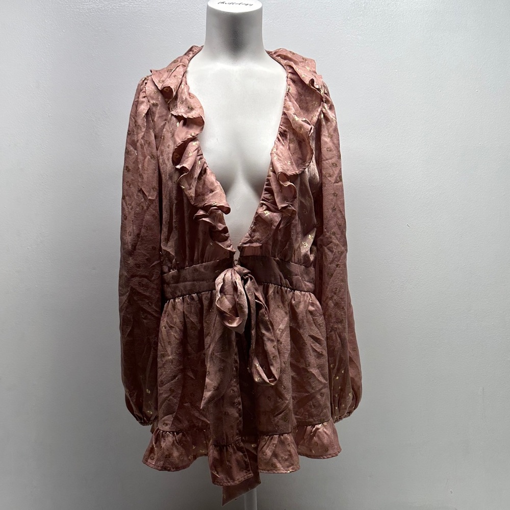 Aeom Cardigan Top Long Sleeve Tie Bow Waist V-Neck Ruffle Polka Dot Pink Medium